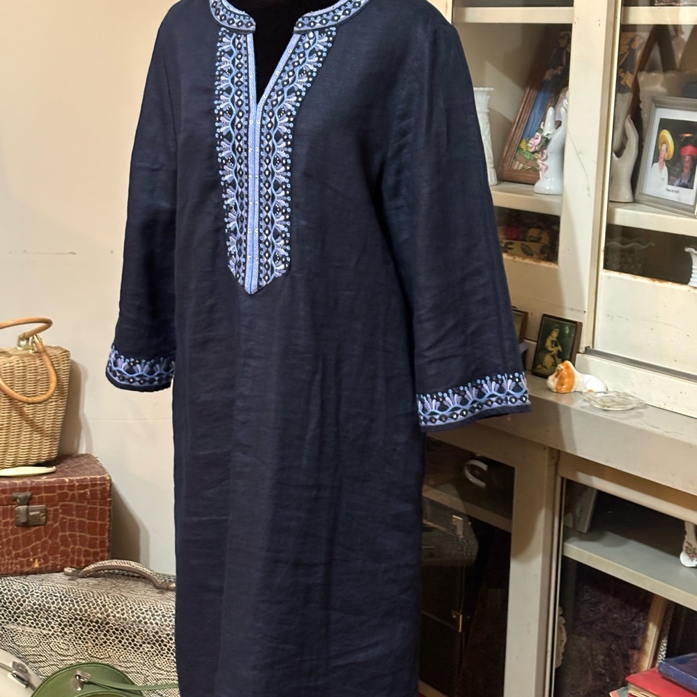 Embroidered and Embellished Navy Blue Linen Dress